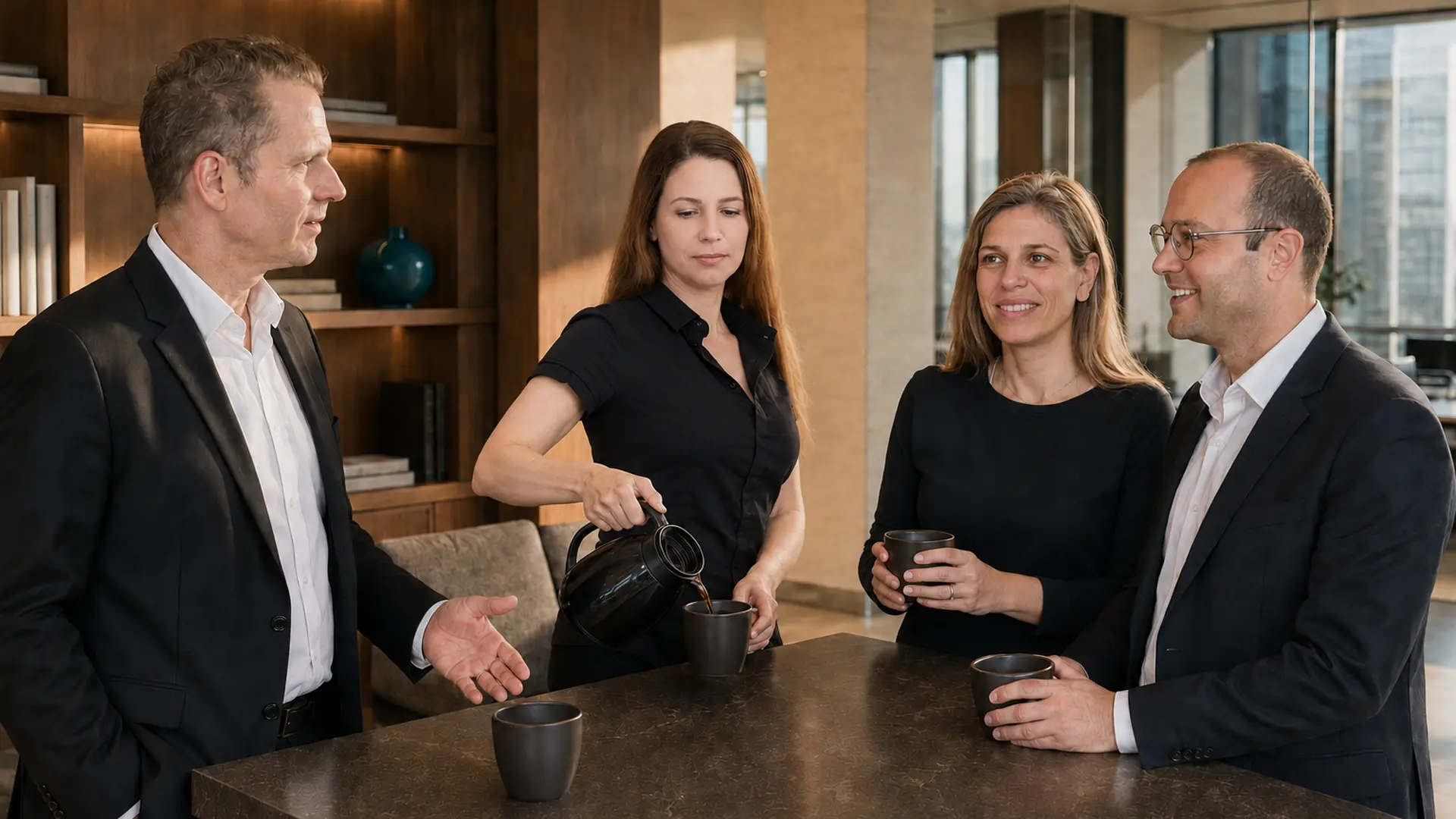 Four members of the firm in conversation around a meeting table.