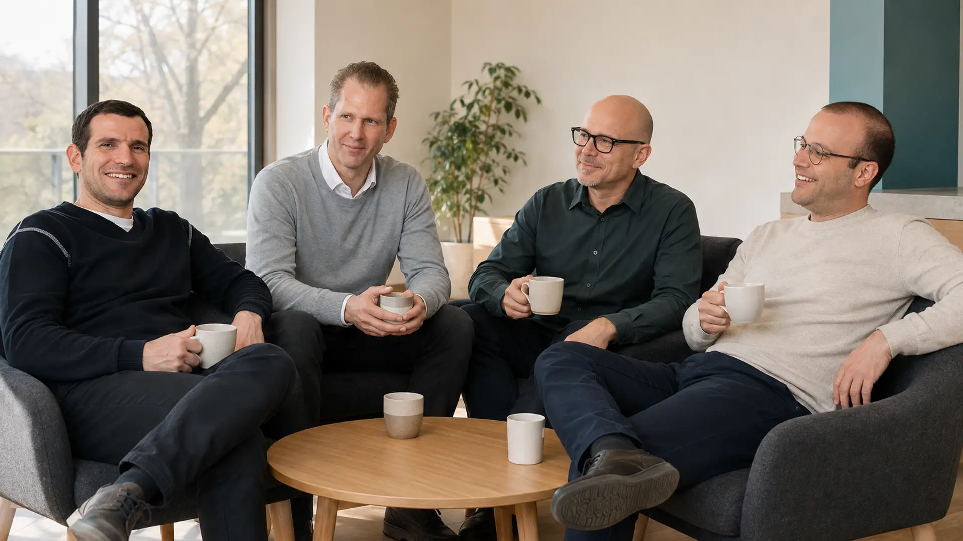 Four colleagues in discussion in a bright meeting room.