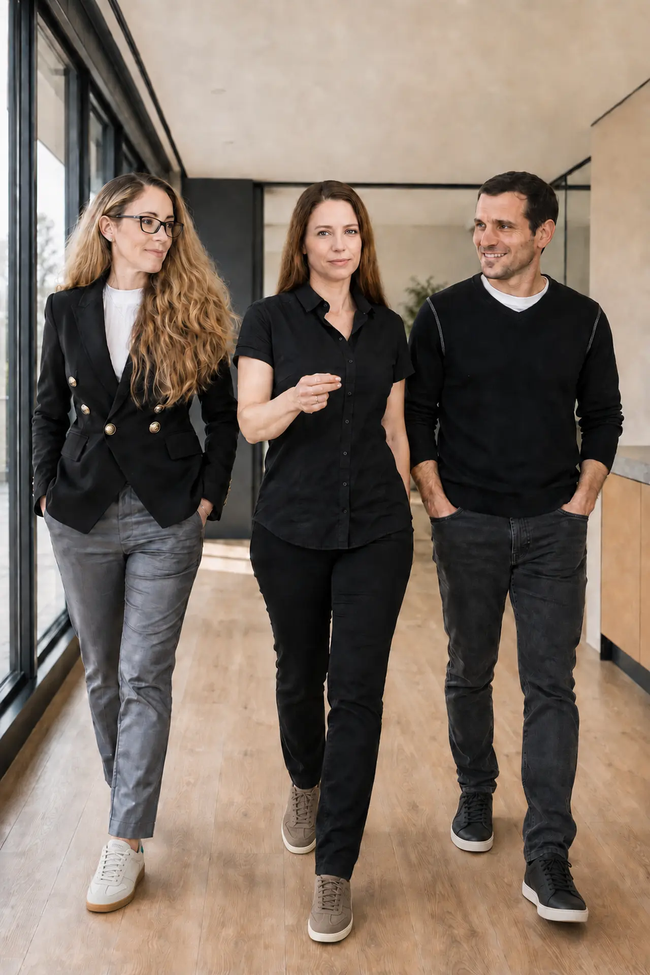 Two colleagues walking and talking in a firm corridor.